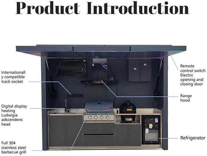 Modular Outdoor Kitchen, Premium Outdoor Cooking Island with Grill, Oven, Refrigerator, Bar Counter and Sink, Automatic Lift Door Design with Built-in Lighting for Garden BBQ Outdoor Cooking