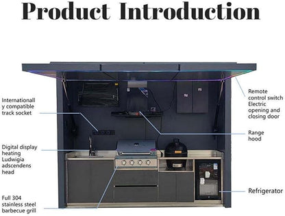 Modular Outdoor Kitchen, Premium Outdoor Cooking Island with Grill, Oven, Refrigerator, Bar Counter and Sink, Automatic Lift Door Design with Built-in Lighting for Garden BBQ Outdoor Cooking