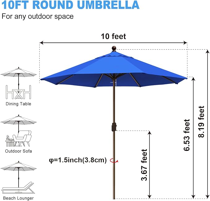 Eurmax USA 10-Year-Non-Fading 10FT Outdoor Patio Market Umbrella,UPF50+ UV Resistant Sun Shade,Heavy Duty Commercial Grade,Crank Lift Design,Windproof Vented Top for Garden,Pool,Deck,Pacific Blue
