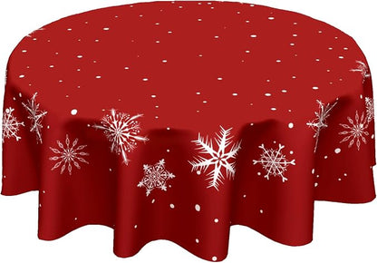 Sweetshow Xmas Snowflake Table Cloth Round 70 Inch Polyester Table Cover | Red Xmas Table Cloth Round Winter Snowflake Tablecloth Washable Stain and Wrinkle Xmas Round Table Cover for Dining Picnic