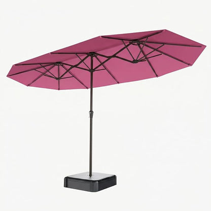 15FT Double Sided Patio Umbrella with Base Included Large Outdoor Market Umbrella with Crank Handle, UV Resistant Canopy, Sturdy Frame for Garden, Poolside, Deck, Rose Pink