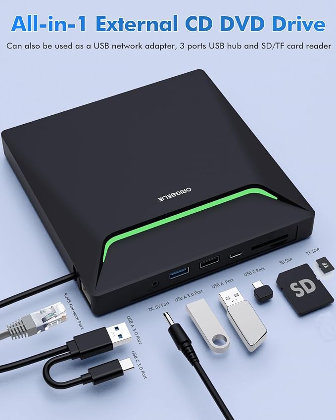 New External CD DVD Drive Cool DVD Burner with Ethernet Adapter USB 3.0 Hub | 3 USB Ports and 2 TF/SD Card Slots, CD DVD Player Reader Writer Optical Disc Drive for Laptop MacBook PC Windows Linux Mac OS
