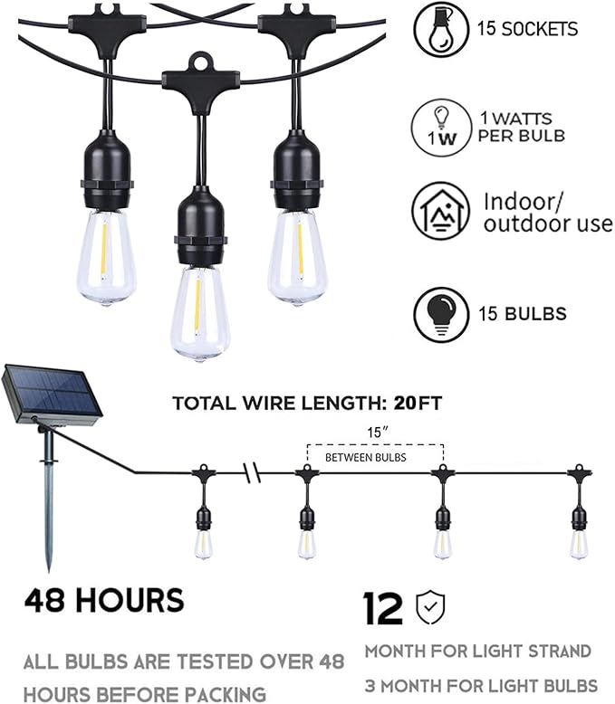 Afirst Solar Outdoor String Lights Waterproof, 12 Feet, 10 Edison Bulbs, Shatterproof Solar Patio Lights for Garden, Backyard, Porch.