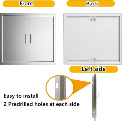 Luffioner BBQ Outdoor Kitchen Doors,31W x 24H Inch Double BBQ Access Door,Rust-Proof Thickened Plate 304 Stainless Steel Access Door for Outdoor Kitchen, BBQ Island,Grilling Station (31W x 24H)