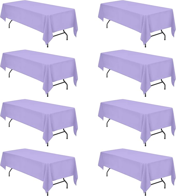 BRILLMAX 8 Pack Lavender Tablecloths 60x126 Inch for 8ft Rectangle Tables | 150 GSM Polyester Fabric, 15" Standard Drop, Water, Stain & Wrinkle Resistant Cloth Cover for Wedding Reception Banquet Party