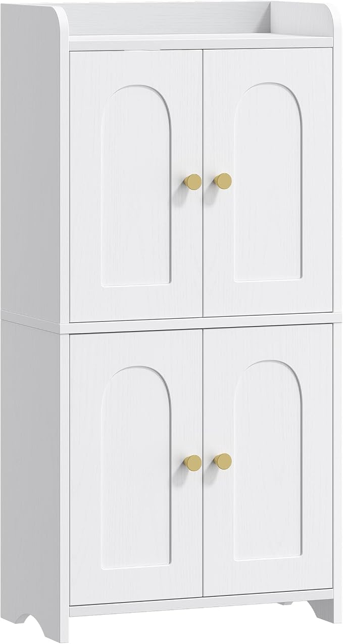 HEXCELEN Small Bathroom Storage Cabinet, Mediterranean, White | 4 Doors, Floor Bathroom Organizer, Freestanding for Small Spaces, Living Room, Kitchen, Entryway