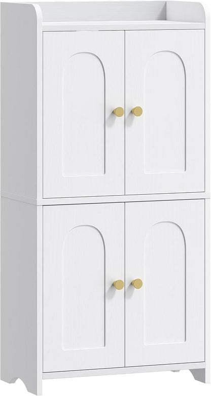 HEXCELEN Small Bathroom Storage Cabinet, Mediterranean, White | 4 Doors, Floor Bathroom Organizer, Freestanding for Small Spaces, Living Room, Kitchen, Entryway