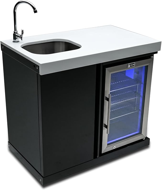 Mont Alpi Premium 38"W x 23"D x 46"H Black Stainless Steel Outdoor Beverage Center Module with 2.7 Cu. Ft. Glass Door Refrigerator + Faucet & Sink Combo + Storage Cabinet + White Granite Countertops
