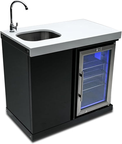 Mont Alpi Premium 38"W x 23"D x 46"H Black Stainless Steel Outdoor Beverage Center Module with 2.7 Cu. Ft. Glass Door Refrigerator + Faucet & Sink Combo + Storage Cabinet + White Granite Countertops