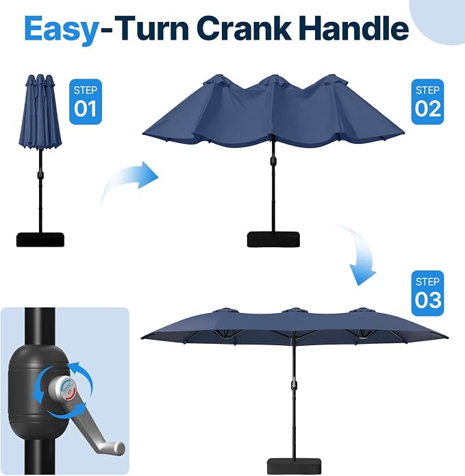 Suteck 15FT Patio Umbrella with Base Included, Dark Blue | Double-Sided, Crank Handle, UV & Fade Resistant Canopy, Poolside, Backyard, Deck, Market