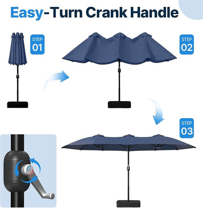Suteck 15FT Patio Umbrella with Base Included, Dark Blue | Double-Sided, Crank Handle, UV & Fade Resistant Canopy, Poolside, Backyard, Deck, Market