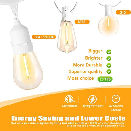 Outdoor String Lights White LED Waterproof 100FT for Patio Backyard Wedding | Linkable White Outdoor Lighting IP65 Weatherproof , 30+2 Plastic Dimmable Edison Bulbs for Outside Bistro Garden Porch Gazebo