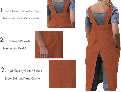 TBA Cotton Linen Apron Cross Back Apron for Women with Big Pockets Square Pinafore Dress for Baking Cooking BBQ & Grill