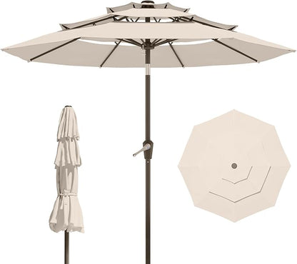9FT 3 Tiers Patio Umbrella With Auto Tilt And Crank, Outdoor Table Market Umbrella with 8 Sturdy Ribs for Garden, Lawn, Deck, Backyard and Pool