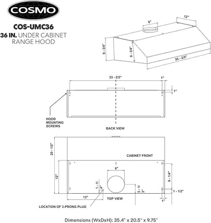 COSMO UMC36 36 in. Haven Collection 380 CFM Ducted Under Cabinet Range Hood, LED Lights, Touch Controls, Stainless Steel