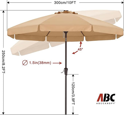 ABCCANOPY 10ft Scalloped Patio Umbrella, Outdoor Table Umbrella with Tilt and Crank, Fiberglass Ribs Deck Umbrella for Patio, Pool, Garden, Picnic (Khaki)