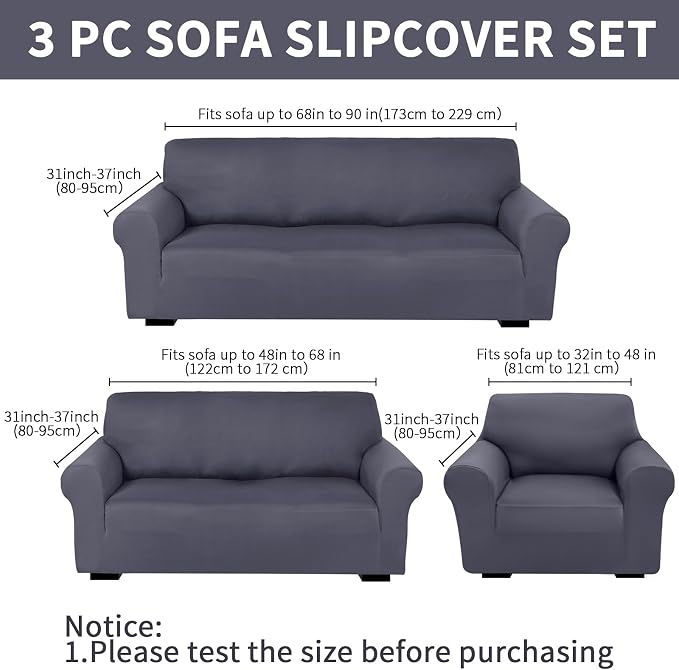 Peryiter 3 Pcs Couch and Loveseat Sofa Covers,Dark Gray,Milk Silk | Armchair Covers for Living Room, Sofa Cushion Slipcover, Furniture Protector, Polyester and Spandex, Washable