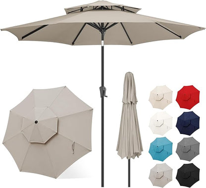 FLAME&SHADE 9ft Patio Umbrella - 2 Tiers Outdoor Umbrella with Push Button Tilt and Crank for UV Protection, Table Market Umbrella for Garden, Deck, Backyard, Pool and Beach(Taupe)