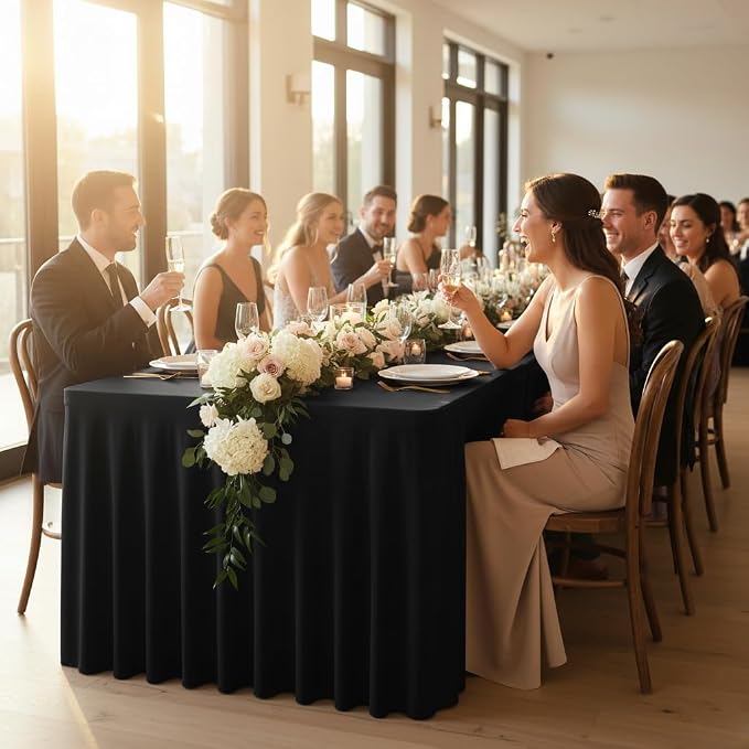 4 Pack Black Spandex Table Covers 4ft Rectangle Ruffle Skirts for Party | Elastic Table Covers 4 Foot, Pleated Fitted Table Cloths, Wrinkle Resistant Elegant Table Skirts Wedding, Banquets