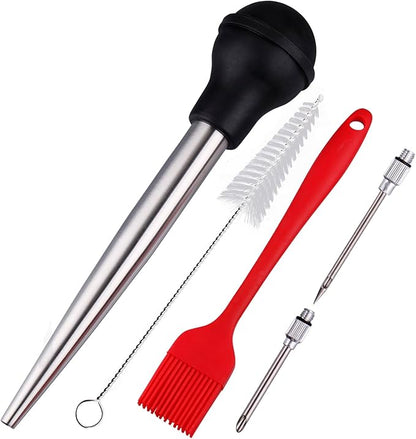 Turkey Baster, 18/8 Stainless Steel Turkey Baster Syringe for Cooking, Meat Injector Baster Set with 2 Needles & 2 Cleaning Basting Brush, Baster for Flavor Meat Poultry, Beef&Chicken Black