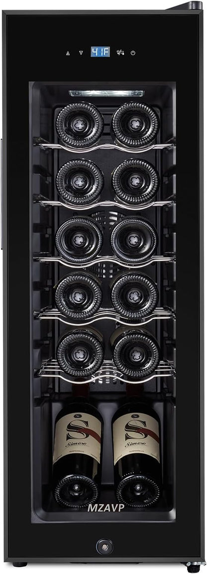 Mini Wine Fridge, 12 Bottle Compressor Wine Cooler Refrigerator, Freestanding Wine Cellar For Red&White Wine, Digital Temperature Control, Removable Shelves, Glass Door