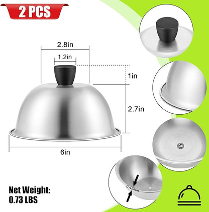 HaSteeL 6 Inch Basting Cover, Stainless Steel Melting Dome Set of 2, Small Metal Steaming Cover Grill Lid for Cheese Burger, Ideal for Indoor & Outdoor Flat Top Griddle Teppanyaki, Dishwasher Safe