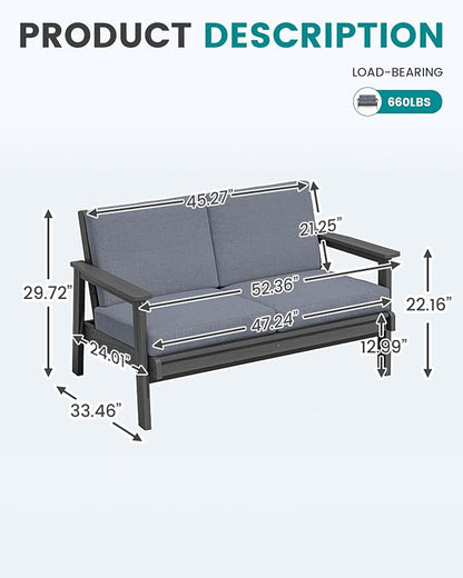 SERWALL Patio Furniture Set with 33” Fire Pit Table, HDPE Outdoor Sectional Sofa Set with Thickened Cushions, Grey Frame with Grey Cushions