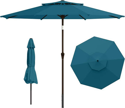 9ft 2-Tiers Patio Umbrella,Outdoor Market Table Umbrella with Push-Button Tilt & Crank | UV Protection,Suit for Backyard,Garden,Pool,Deck(Lake Blue)