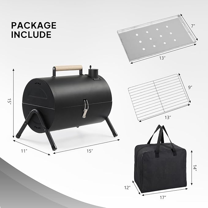 15" Portable Charcoal Grill with Wooden Handle, 2 Side Carbon Griller for BBQ, Compact Tabletop Barbecue Grill for Outdoor Camping BBQ Grilling Backyard Party Cooking, Asadores de Carbon (Black)