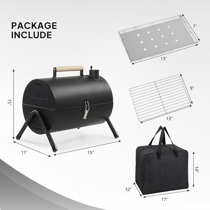 15" Portable Charcoal Grill with Wooden Handle, 2 Side Carbon Griller for BBQ, Compact Tabletop Barbecue Grill for Outdoor Camping BBQ Grilling Backyard Party Cooking, Asadores de Carbon (Black)