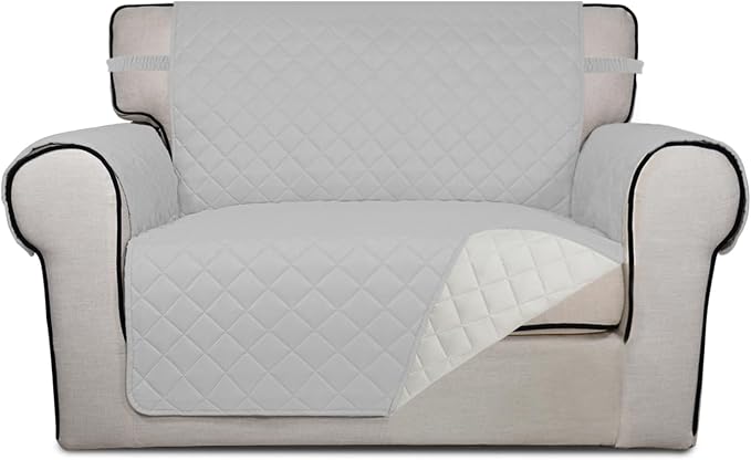 PureFit Reversible Quilted Sofa Cover Dog Couch Covers for Sofa, 28 in | Light Gray/Ivory, Water Resistant Couch Protector, Washable Pet Couch Cover with Non Slip and Elastic Straps For Kids