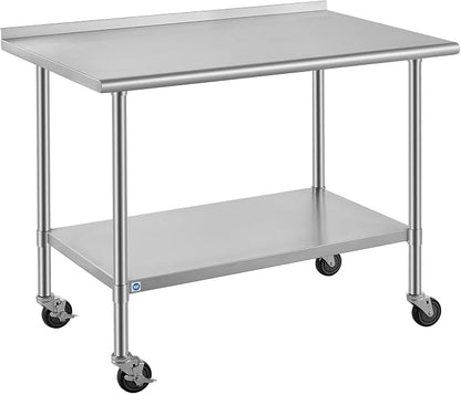 ROCKPOINT All Stainless Steel Prep Table with Caster & Backsplash 30x48 Inch，Commercial Heavy Duty Workbench with Stainless Legs & Adjustable Undershelf,840 lb Capacity for Outdoor Kitchens with Wheel