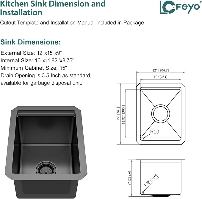 12x15 inch Black Undermount Kitchen Sink, Small Wet Bar Prep Workstation Bar Sink, 16 Gauge Stainless Steel Single Bowl Basin for Laundry Room, RV, and Home Bar