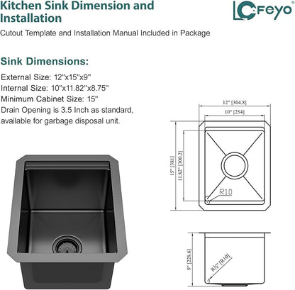 12x15 inch Black Undermount Kitchen Sink, Small Wet Bar Prep Workstation Bar Sink, 16 Gauge Stainless Steel Single Bowl Basin for Laundry Room, RV, and Home Bar