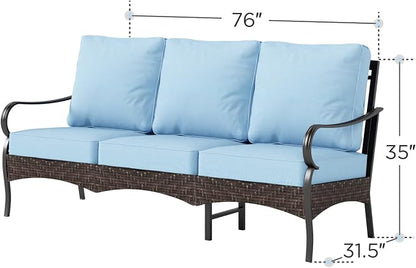 PHI VILLA Wicker & Metal Outdoor Patio Couch,3-Seat Patio Sofa with Deep Seating for Front Porch, Deck, Balcony, Backyard, Sunroom,Blue