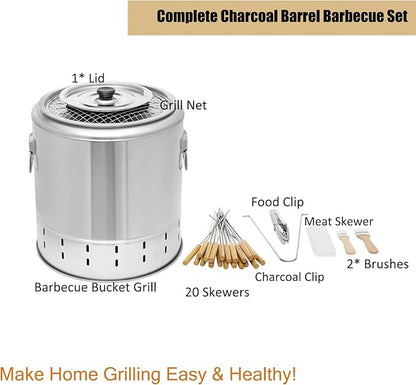 Portable Smokeless Barbecue Charcoal Barrel Grill, Stainless Steel Surround Charcoal Kebab Grill with 20 Skewers, 2-In-1 BBQ Grills for Outdoor Indoor Camping Picnics Gardens Parties