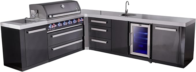 Mont Alpi L-shaped 94"x113" Black Stainless Steel Outdoor Kitchen Island with Refrigerator + Beverage Center Faucet & Sink + 44" 6-Burner BBQ Grill + Granite Countertops + Storage Cabinets & Drawers