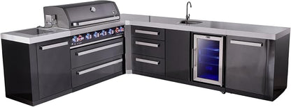 Mont Alpi L-shaped 94"x113" Black Stainless Steel Outdoor Kitchen Island with Refrigerator + Beverage Center Faucet & Sink + 44" 6-Burner BBQ Grill + Granite Countertops + Storage Cabinets & Drawers