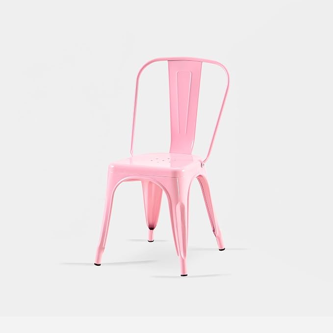 AC Pacific 18 Inch Seat Height Industrial Metal Dining Chairs, Stackable Kitchen or Bar Seat, Durable Modern Design, Versatile Accent Furniture, Set of 4, Pink