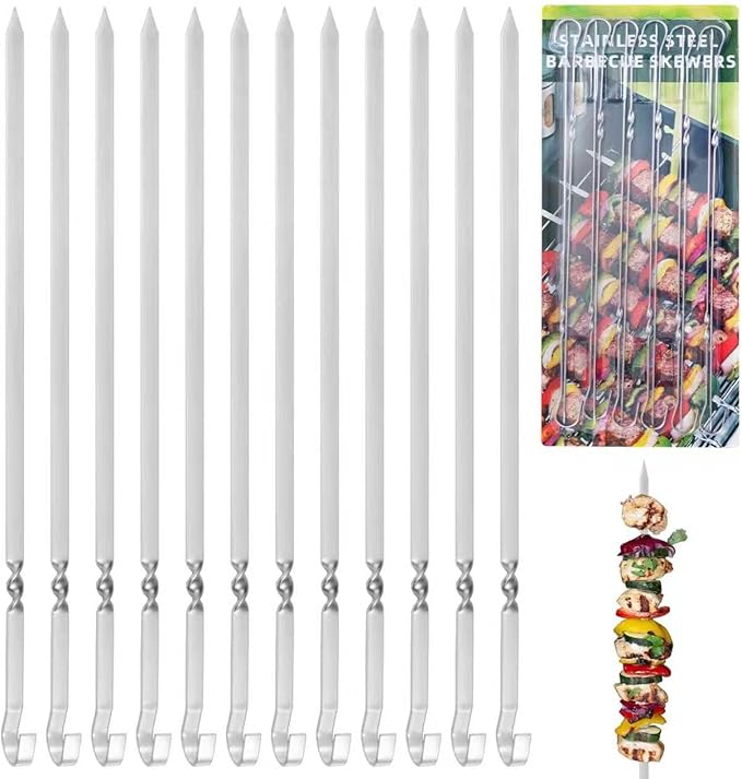14" Metal Skewers for Grilling, Stainless Steel Flat Kabob Skewers | Reusable BBQ Skewers for Kebab Barbecue Grill, Heavy Duty Skewer Sticks for Outdoor Camping Kitchen Cooking gift package