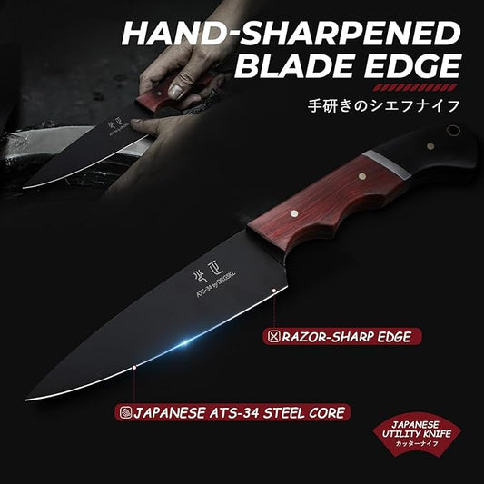 DRGSKL Kitchen Utility Knife From Japan - Small Chef Knife 5 Inch Forged from a Single Piece of High Carbon ATS-34 Steel, Full-Tang Paring Knife with Walnut Handle for Fruit and Vegetable, Ideal Gift