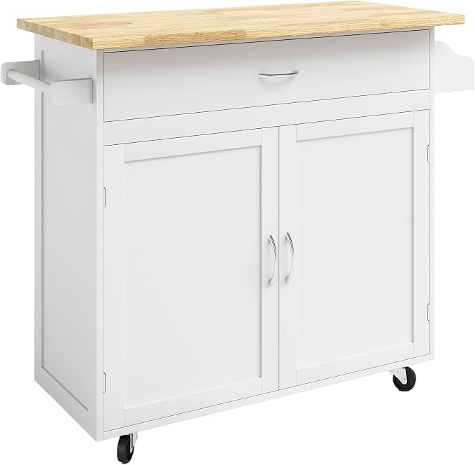 Lavish Home Mobile Kitchen Island with Spice Rack & Storage Cabinet, White | Rolling Cart with Drawers for Coffee Bar, Adjustable Shelves, Towel Rack, Counter Space, Microwave Stand with Storage Shelves
