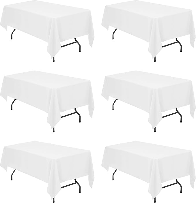 BRILLMAX 6 Pack White Tablecloths 60x102 Inch for 6ft Rectangle Tables | 150 GSM Polyester Fabric, 15" Standard Drop, Water, Stain & Wrinkle Resistant Cloth Cover for Wedding Reception Banquet Party