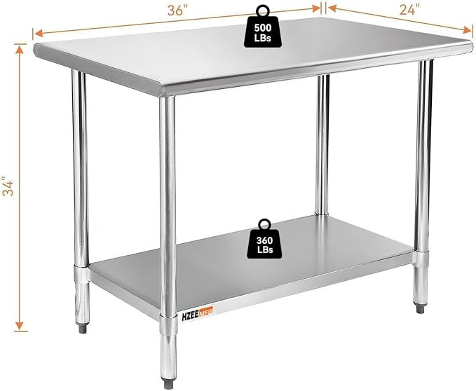Stainless Steel Prep Table with Undershelf 36x24 Inches 3ft | Heavy Duty Metal Workbench with Adjustable Lower Shelf for Commercial Kitchen Restaurant Laundry Garage Hotel Workshop Chef