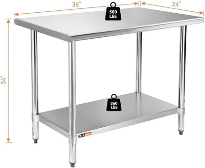 Stainless Steel Prep Table with Undershelf 36x24 Inches 3ft | Heavy Duty Metal Workbench with Adjustable Lower Shelf for Commercial Kitchen Restaurant Laundry Garage Hotel Workshop Chef