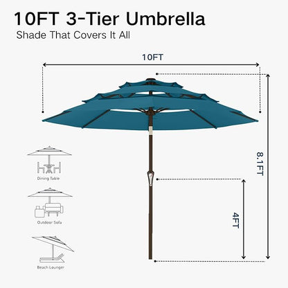Kingdura 10ft 3-Tier Patio Umbrella, Outdoor Table Umbrella with Easy Crank & Tilt, 8 Reinforced Ribs, UV Protection for Deck, Pool, Market, Backyard (Lake blue)