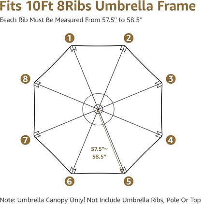 10Feet Patio Umbrella Replacement Canopy, For 8 Ribs,Market and Table Umbrella Top,Universal Strong and Thick Umbrella Canopy,UV Protection,Canopy Only. (Beige)