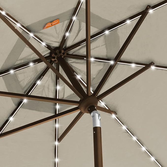 EliteShade USA 10-Year-Non-Fading 9ft 3-Tier Market Patio Umbrella, Commercial Table Umbrella with 80 Solar LED Lights, Crank Open, Windproof & UPF 50+ UV Protection for Garden, Deck, Pool, Backyard, Antique Beige