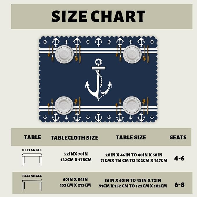 Nautical Decorative Rectangle Tablecloth Anchor Sailing Ocean Dark Navy Blue Rectangle Tablecloth Picnic Table Cover BBQ Table Cloths Polyester for Kitchen Coffee 52" x 70" 4-6 Seats