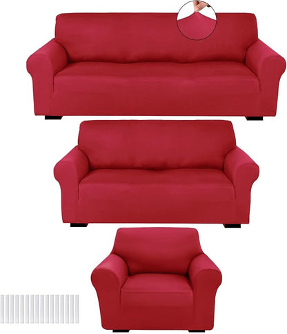 Peryiter 3 Pcs Couch and Loveseat Sofa Covers,Xmas Red,Milk Silk | Armchair Covers for Living Room, Sofa Cushion Slipcover, Furniture Protector, Polyester and Spandex, Washable